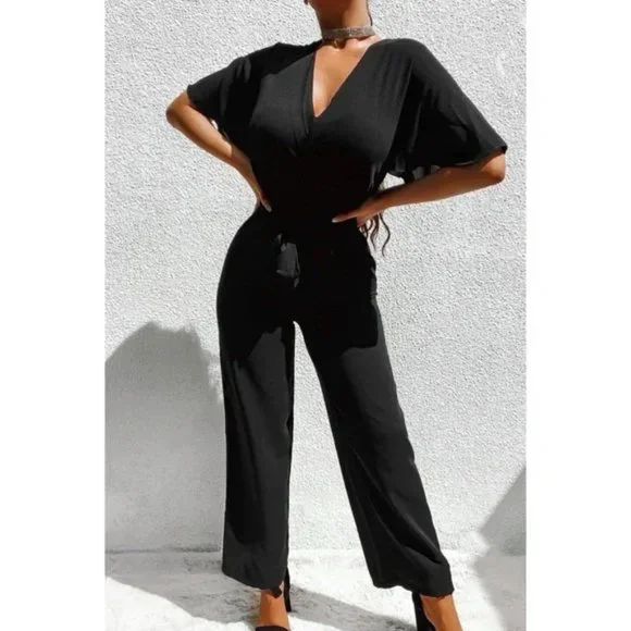 Black Short Sleeve V-Neck Loose Fit Wide Leg Jumpsuit Playsuit - Picture 7 of 10